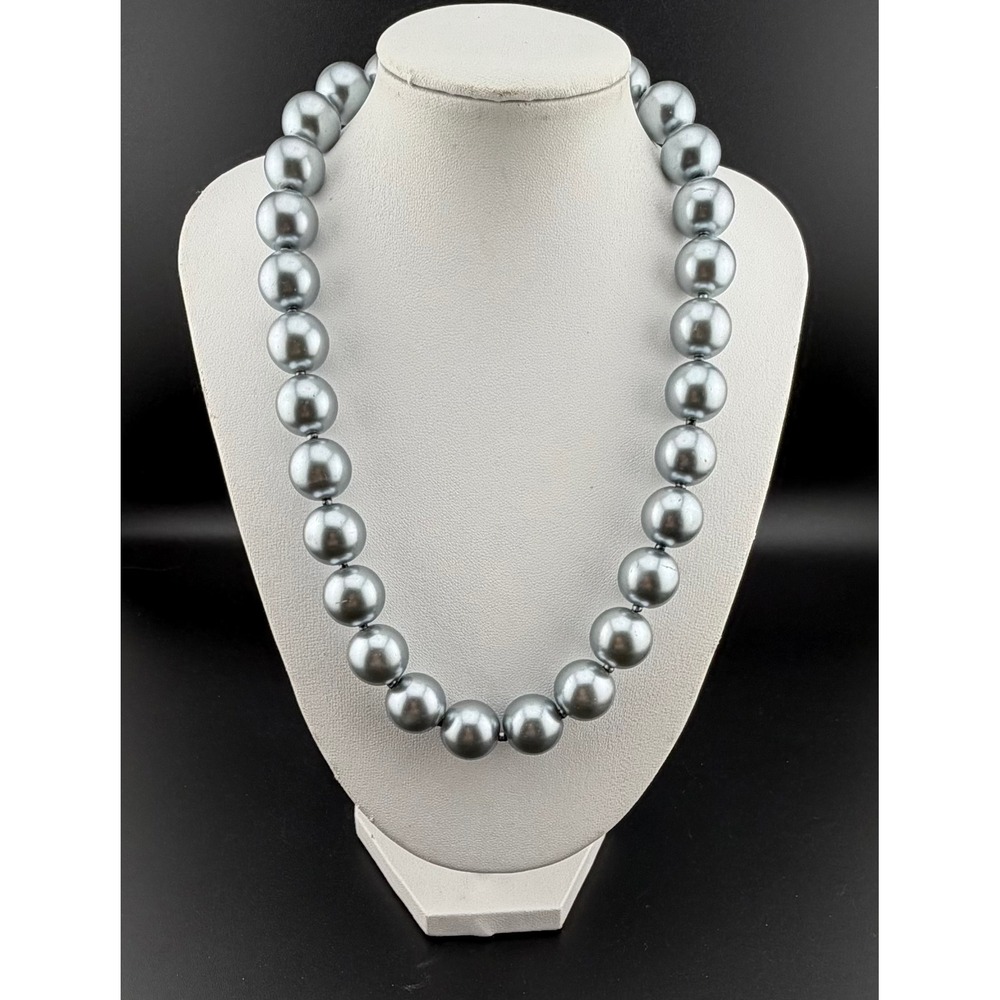 Faux Pearl Necklace 17-20" Metallic Grey Large 14mm Beads Princess Chunky READ